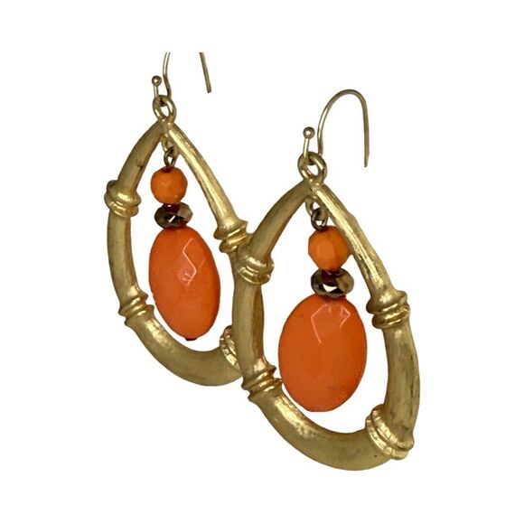Gold-Tone Coral Orange Large Teardrop Dangle Earrings Statement - Picture 3 of 9
